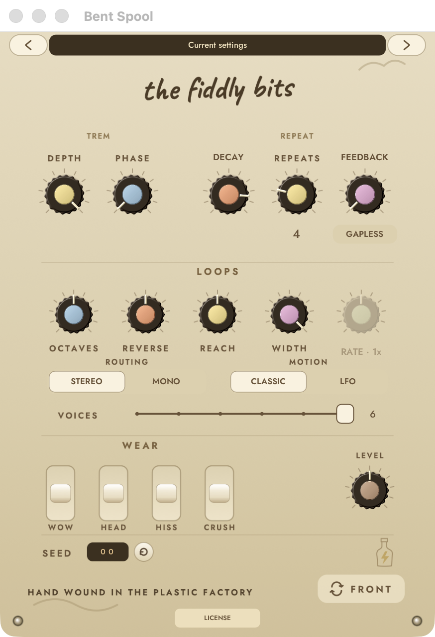 The Bent Spool back panel, titled the fiddly bits, with numbered markers: the TREM knobs DEPTH and PHASE, the REPEAT knobs DECAY, REPEATS and FEEDBACK with the GAPLESS button, the LOOPS knobs OCTAVES, REVERSE, REACH, WIDTH and RATE, the ROUTING and MOTION switches, the VOICES slider, the four WEAR paddles, LEVEL, the SEED readout and button, and the FRONT and LICENSE buttons.
