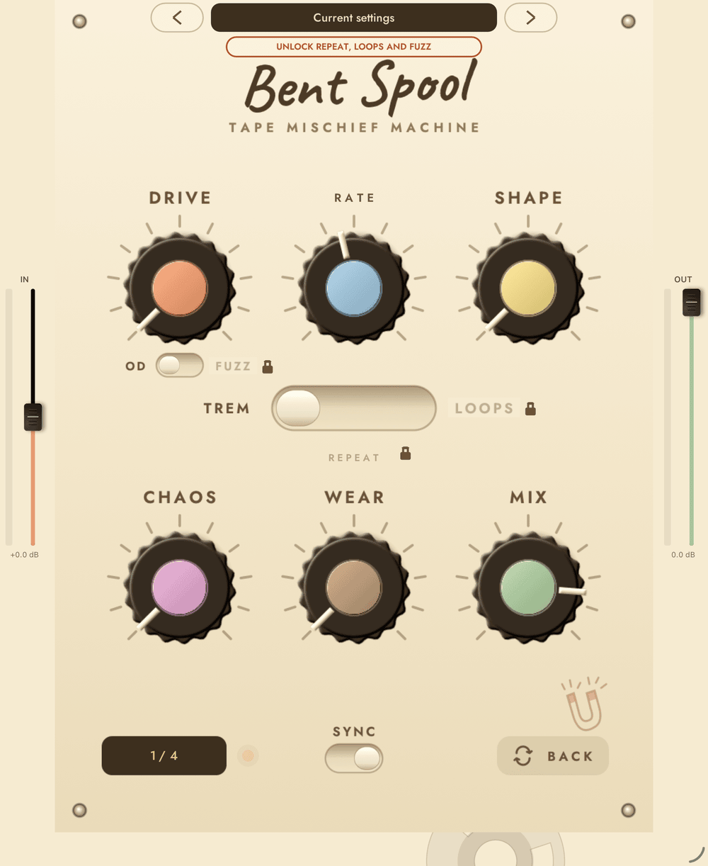 The standalone app on iPad. The IN level strip is on the left edge and the OUT level strip on the right edge, with the Bent Spool face between them.