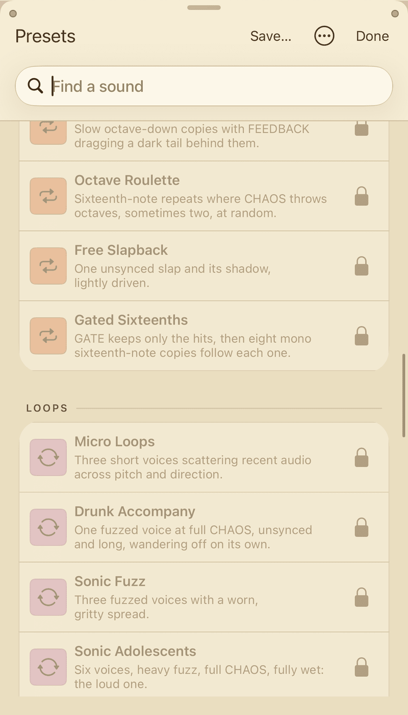 The Presets sheet on iPhone before the unlock. The REPEAT and LOOPS rows are dimmed and each has a padlock on the right.