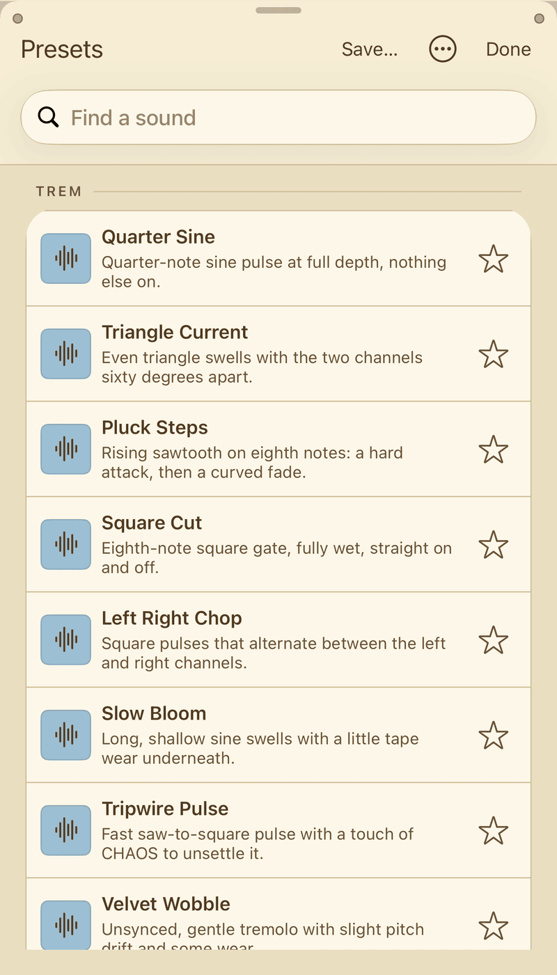 The Presets sheet on iPhone, showing the TREM section with preset names, one-line descriptions and a star on each row.