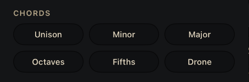 The CHORDS buttons at the bottom of the Playheads panel: Unison, Minor, Major, Octaves, Fifths and Drone.