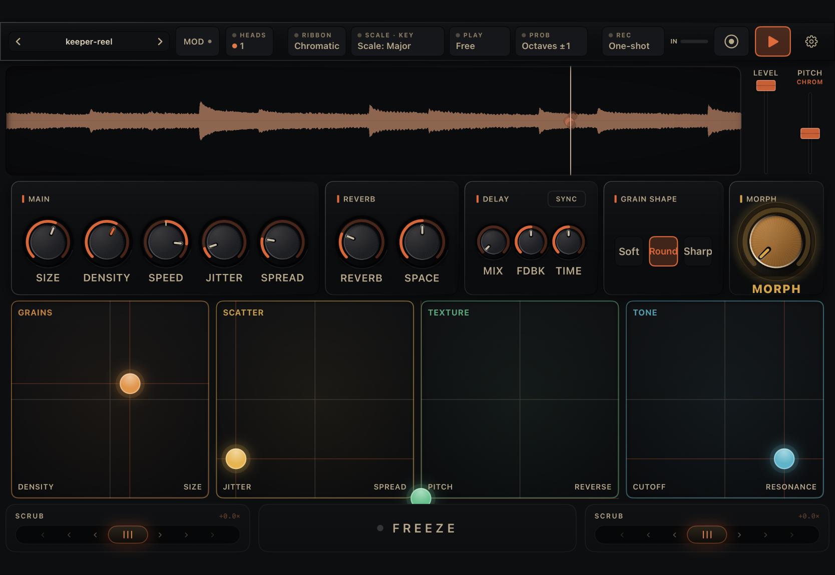 Grainsmith Field on iPad: a top bar with the preset name, MOD, the HEADS, RIBBON, SCALE·KEY, PLAY, PROB and REC chips, the IN meter, the record and play buttons and the gear; a waveform with the Level and Pitch ribbons; five panels (Main, Reverb, Delay, Grain Shape, Morph); the four XY pads; and the scrub deck with the Freeze button.
