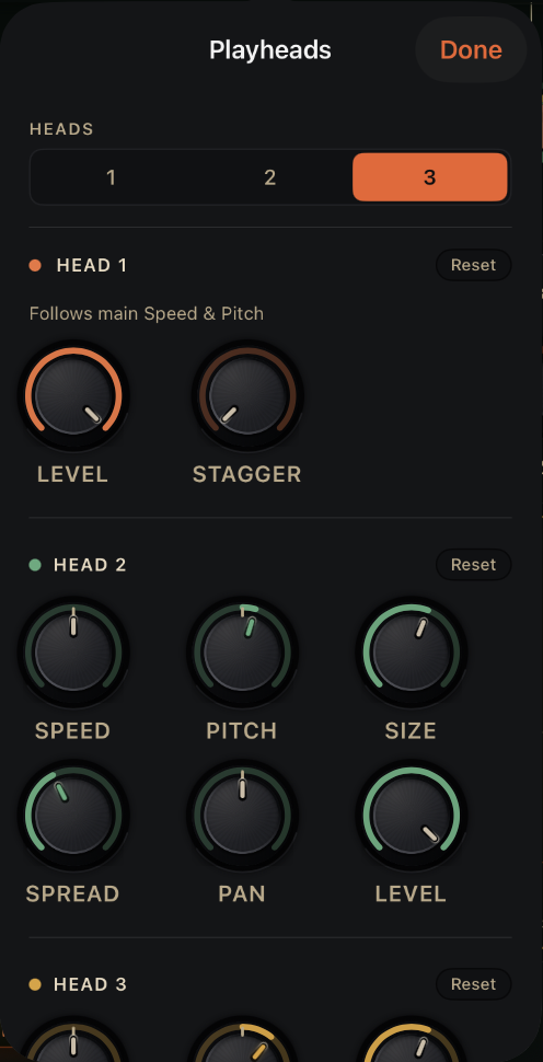 The Playheads panel with three heads: the HEADS selector set to 3; HEAD 1 with a Reset button, LEVEL and STAGGER; HEAD 2 with SPEED, PITCH, SIZE, SPREAD, PAN and LEVEL; and the top of HEAD 3.