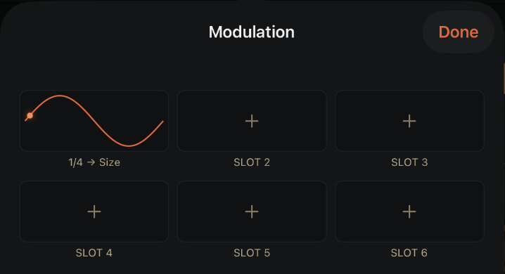 The Modulation sheet: a three-by-two grid of slots. Slot 1 shows a sine wave with the line 1/4 → Size under it; the other five slots show a plus sign. Done is at the top right.