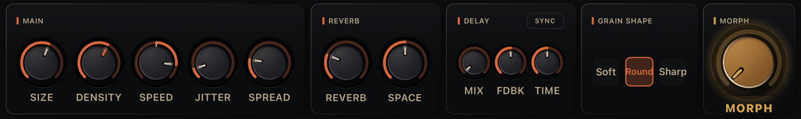 The five panels with numbered markers: SIZE, DENSITY, SPEED, JITTER and SPREAD in Main; REVERB and SPACE in Reverb; MIX, FDBK, TIME and the SYNC pill in Delay; Soft, Round and Sharp in Grain Shape; and the gold MORPH knob.