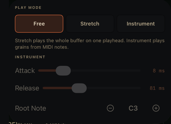 The PLAY chip popover: Free, Stretch and Instrument buttons, a one-line description, and the Instrument settings Attack, Release and Root Note.