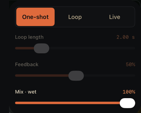 The REC chip popover: the One-shot, Loop and Live switch, then the Loop length, Feedback and Mix · wet sliders.
