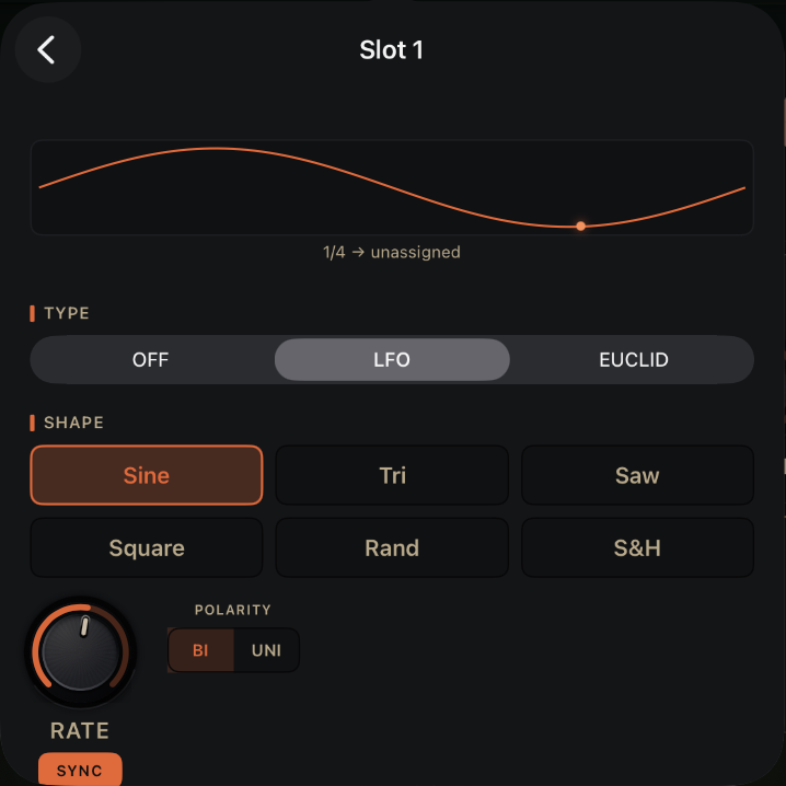 The slot editor for Slot 1: a back arrow, a live sine preview with 1/4 → unassigned under it, the Type switch set to LFO, the six Shape buttons, the RATE dial with its SYNC pill, and the POLARITY switch set to BI.
