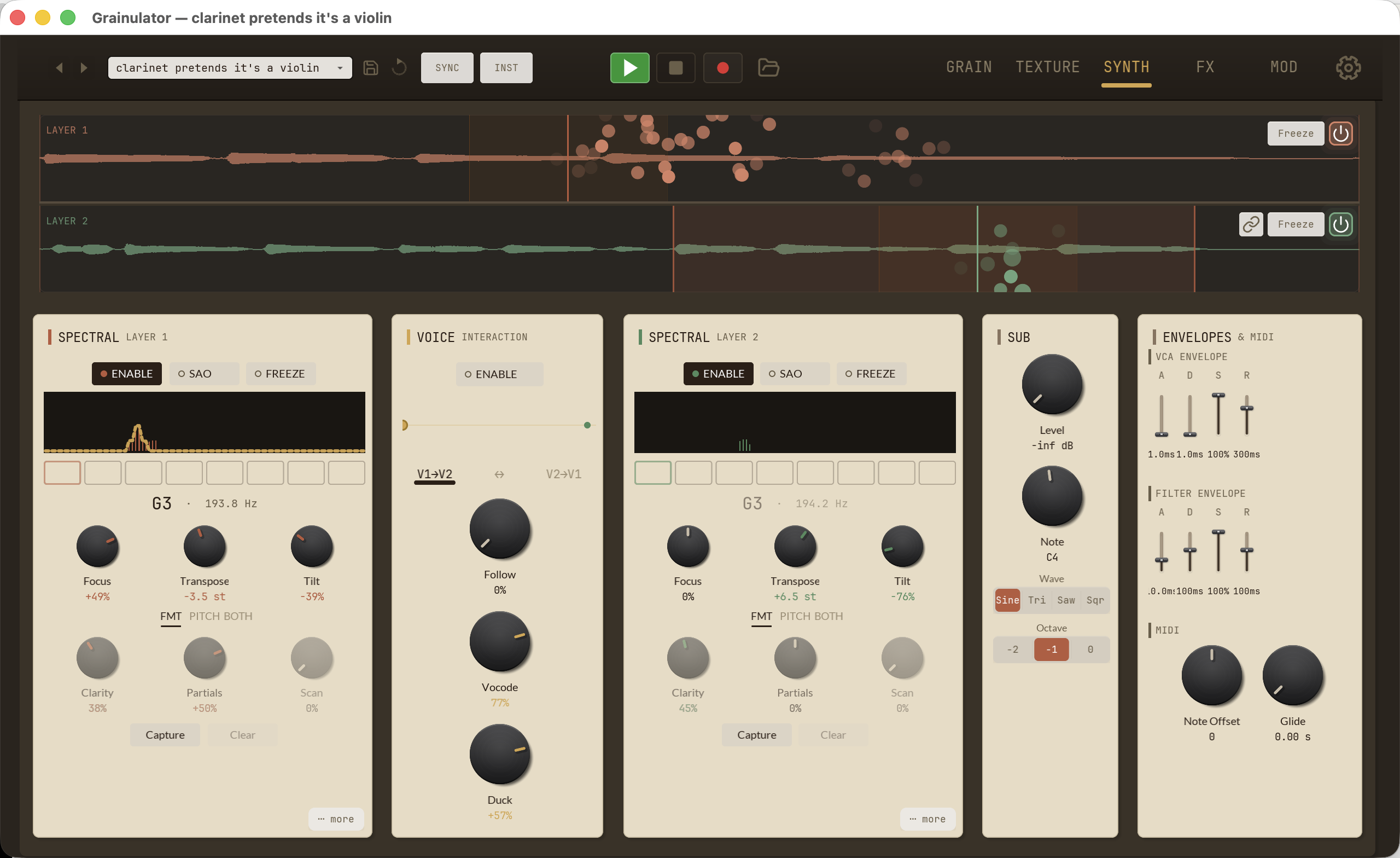 The SYNTH tab in the standalone macOS app