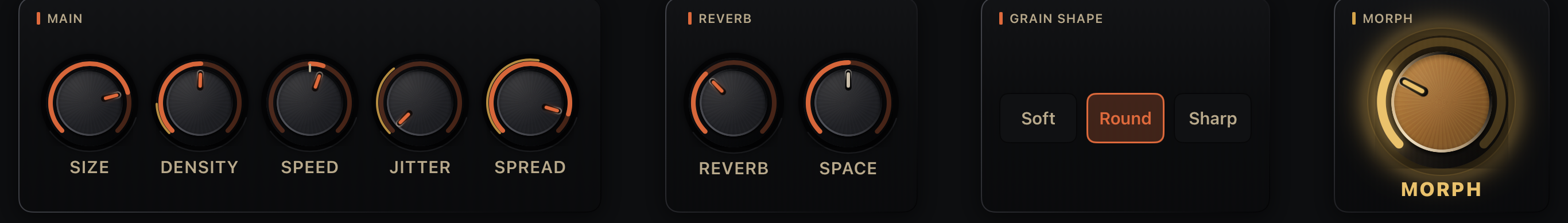 The four control panels: Main with the Size, Density, Speed, Jitter and Spread dials; Reverb with Reverb and Space; Grain Shape with Soft, Round and Sharp; and the gold Morph knob.