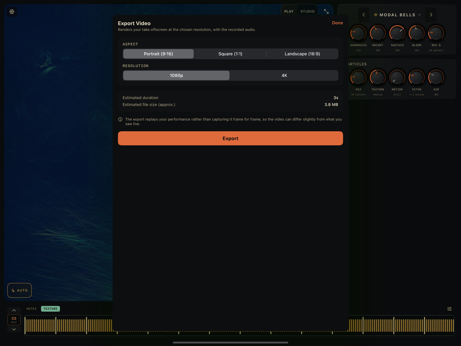 The Export Video sheet: aspect, resolution, the size estimate, and the replay note.