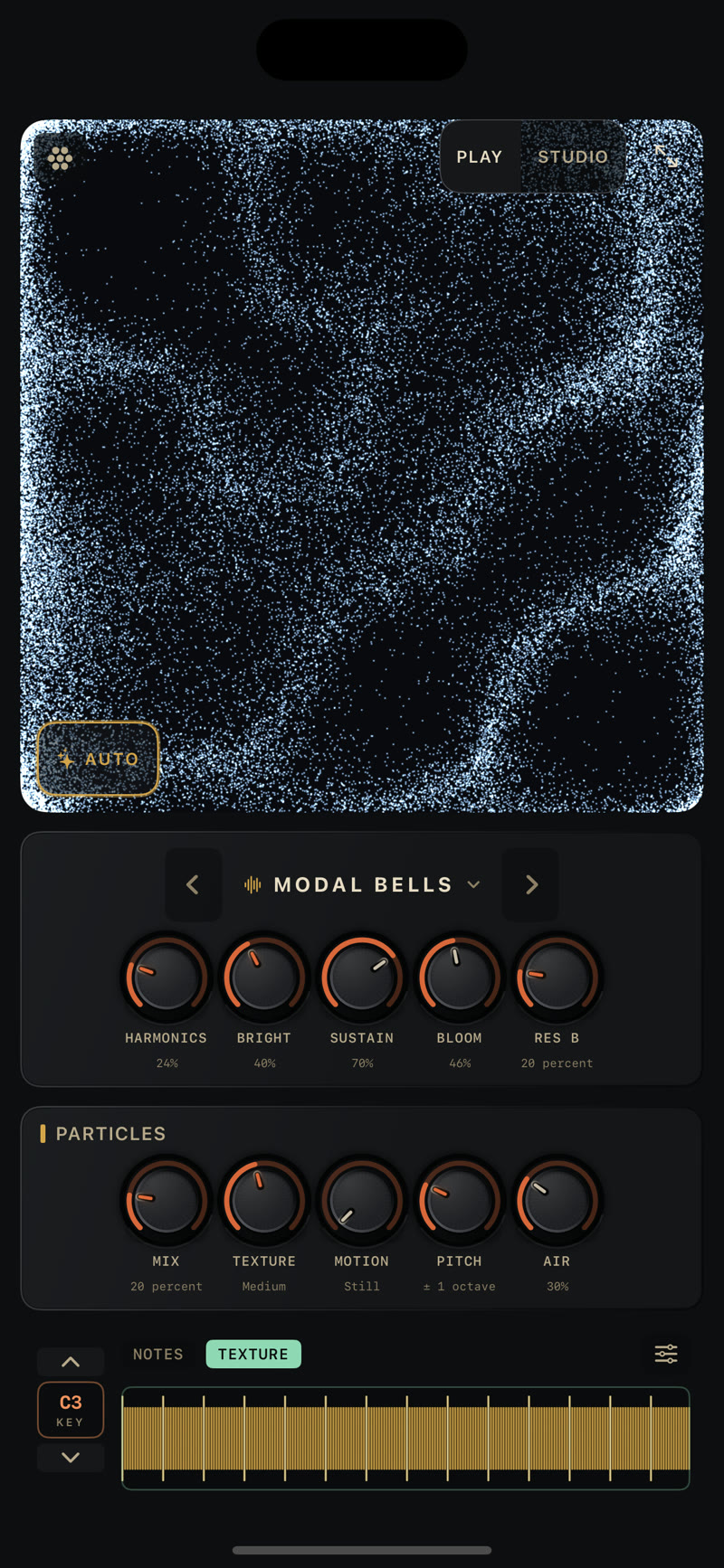 Play on iPhone: the hero visual, the two knob cards, and the performance ribbon.