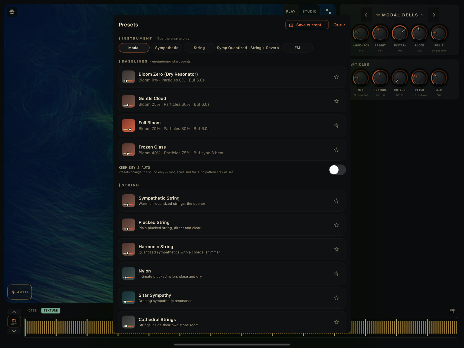 The sound browser on iPad: instrument chips, the engineering baselines with their raw-value subtitles, the KEEP KEY & AUTO toggle, and the curated String section below.