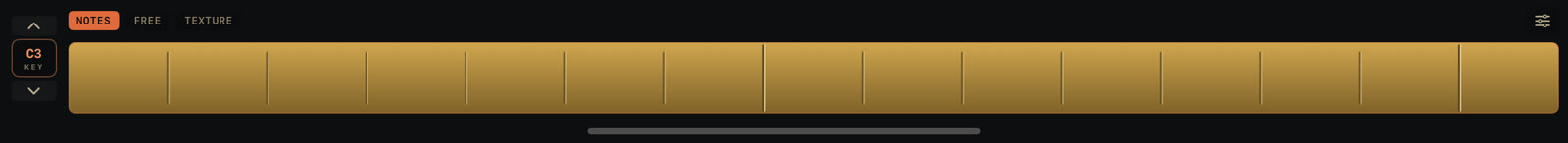 The ribbon in NOTES mode on iPad: one gold plate per scale degree, the octave/KEY column on the left, the gear for the settings sheet on the right.