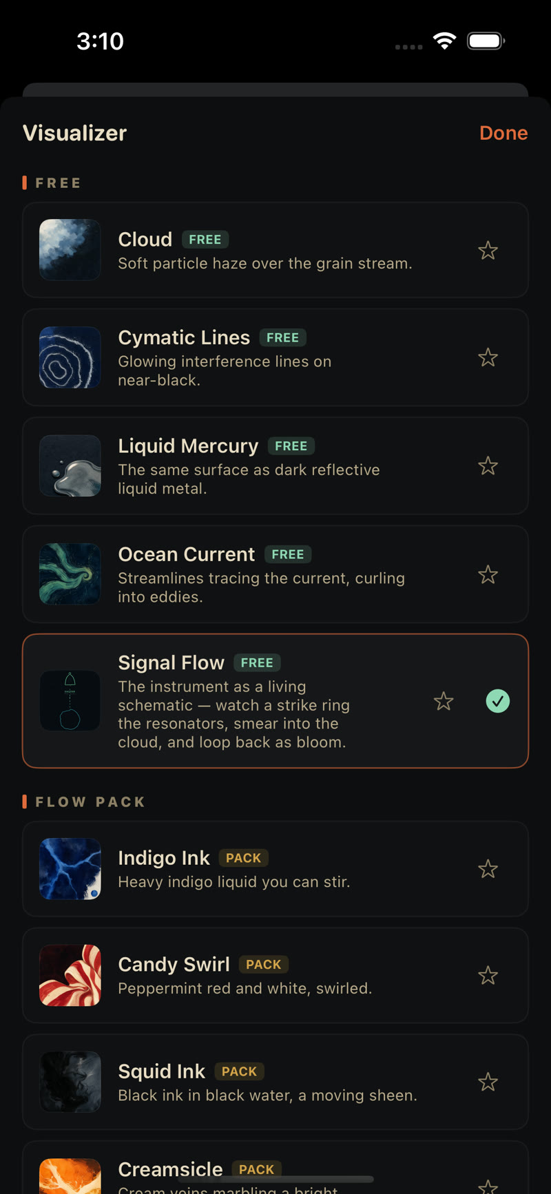 The skin picker: the FREE section, the Flow Pack below it, a star on every row, and the active skin outlined with a check.