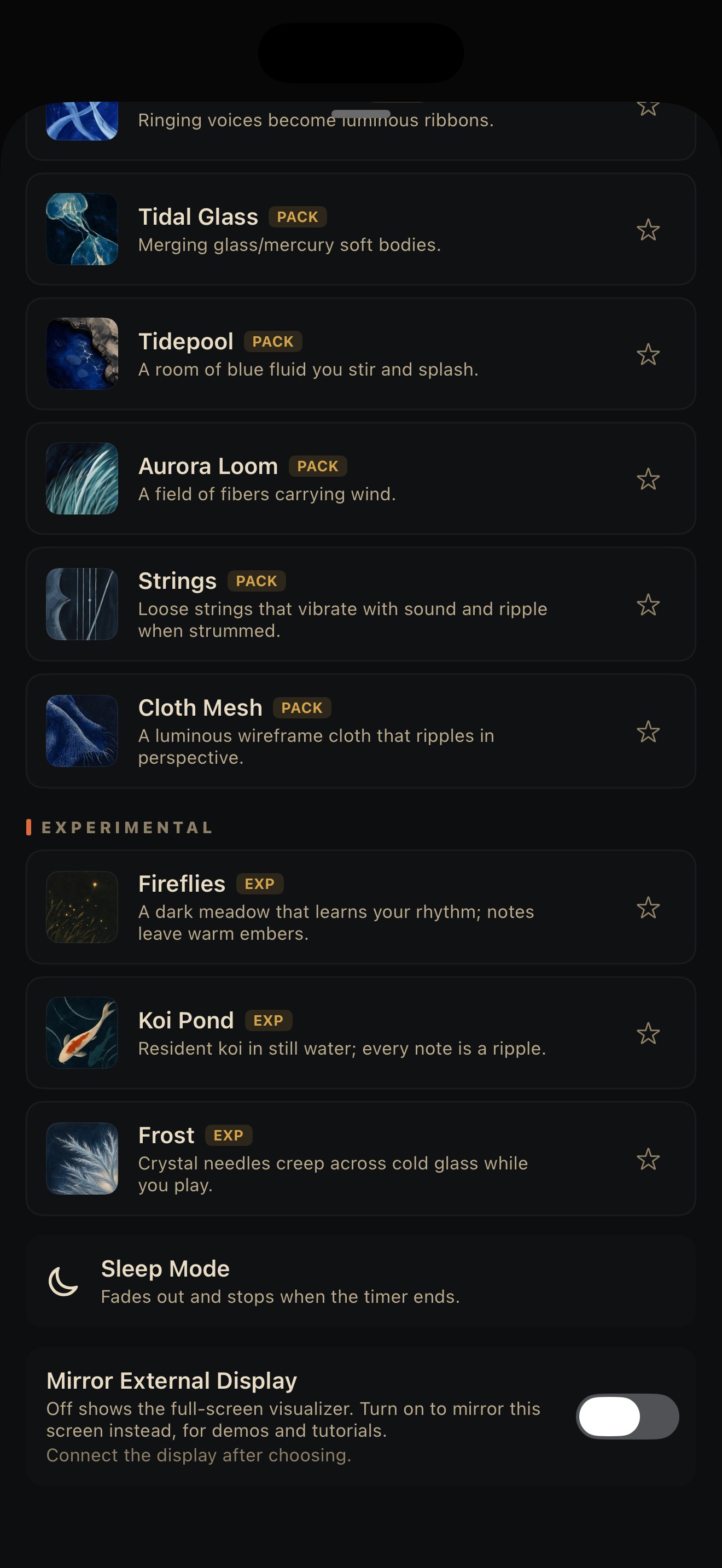 The bottom of the skin picker: the Sleep Mode row and the Mirror External Display toggle under the skin list.
