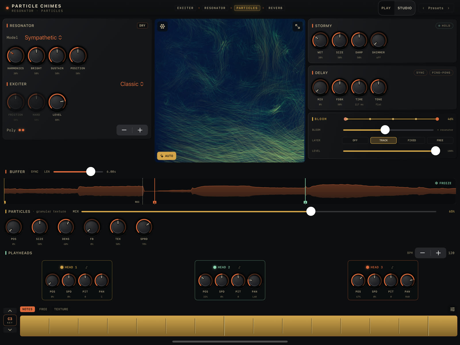 Studio on iPad: Resonator and Exciter left, hero center, Reverb/Delay/Bloom right, then the Buffer, Particles, and Playheads rows above the performance ribbon.