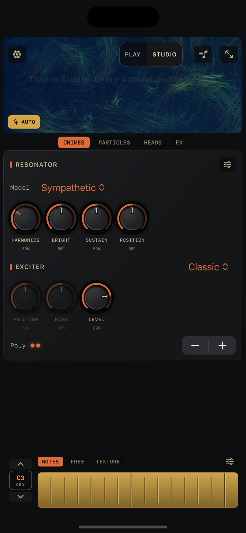 Studio on iPhone: the persistent visual cluster, the CHIMES page, and the ribbon pinned at the bottom.