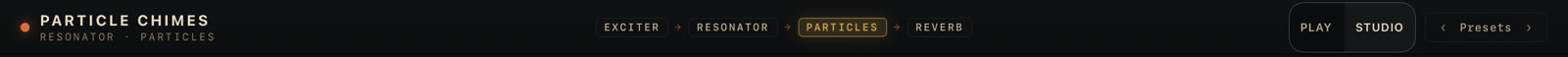 The Studio top bar: wordmark, signal-path breadcrumb, PLAY/STUDIO pill, Presets strip.